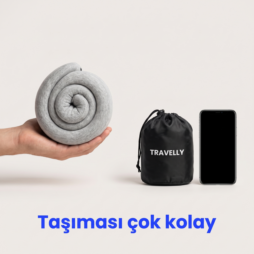 Rulo yapılıp Travelly taşıma çantasına sığar — telefon boyutunda
