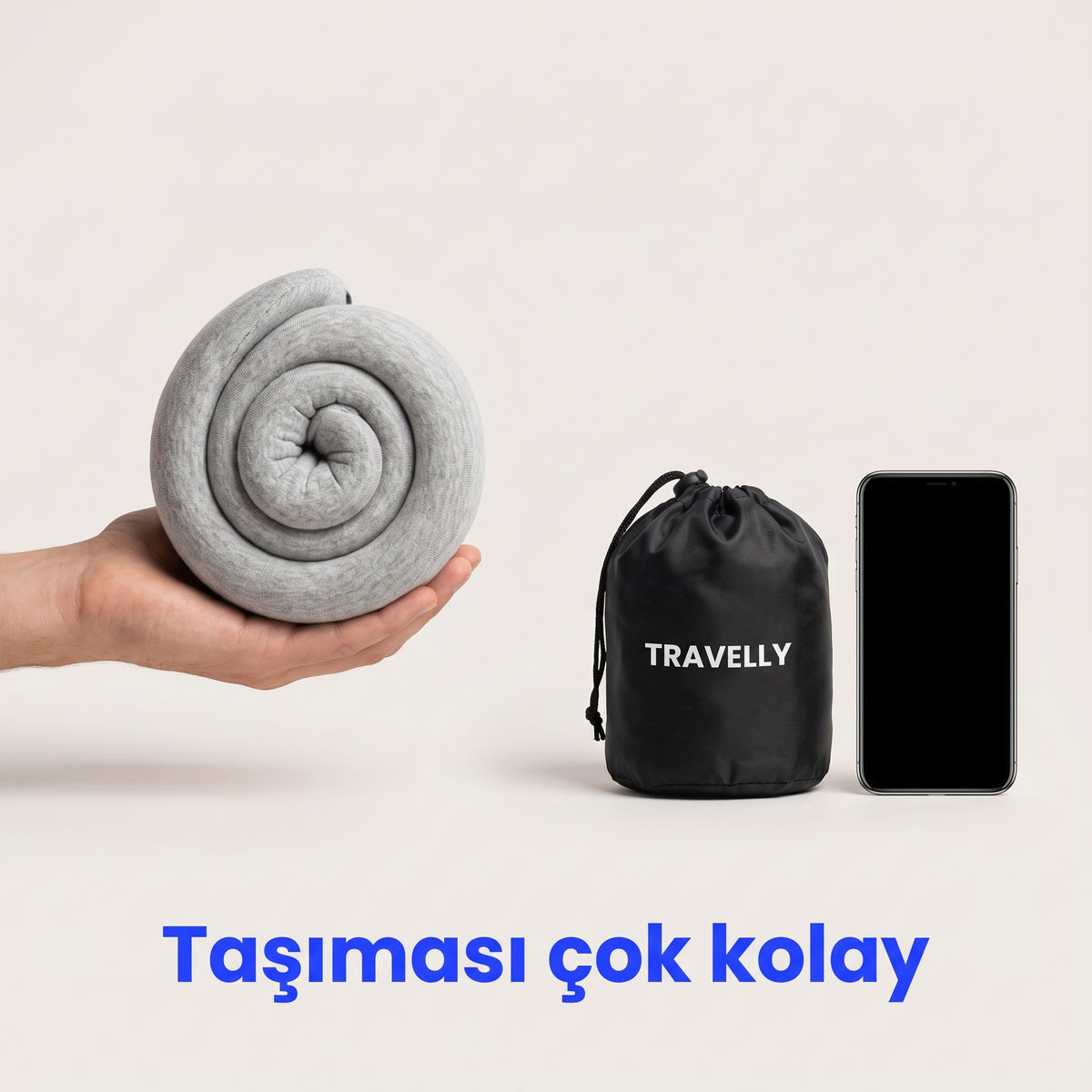 Rulo yapılıp Travelly taşıma çantasına sığar — telefon boyutunda