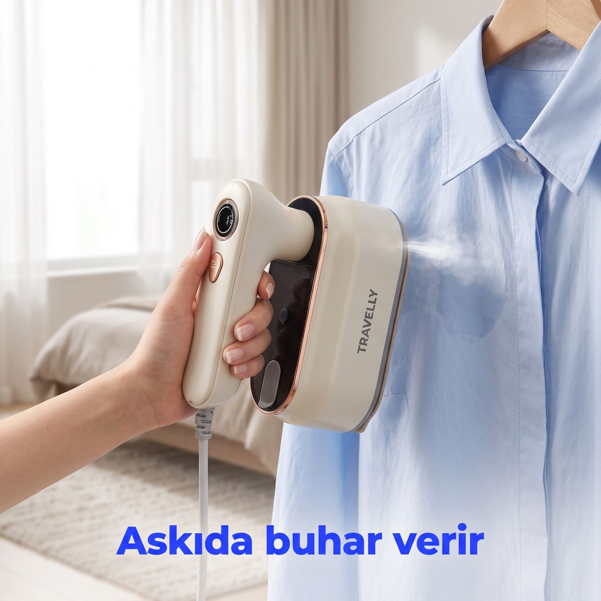 Dikey kullanım — askıdaki gömleğe buhar verirken