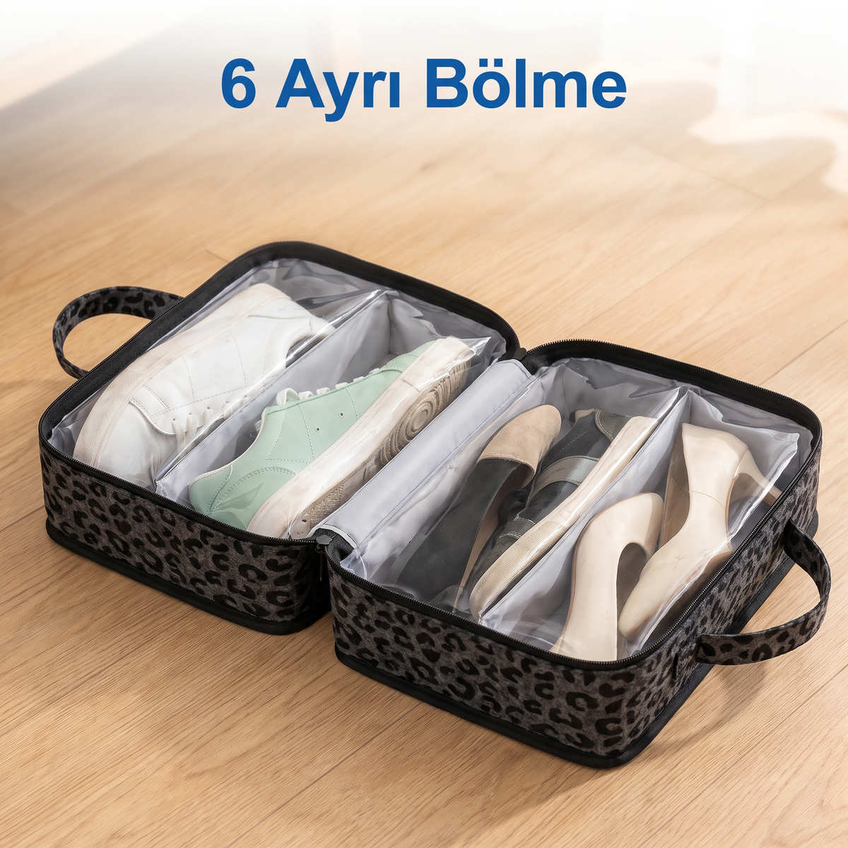 Açılmış halde 6 ayrı bölme, şeffaf ayrıçlar