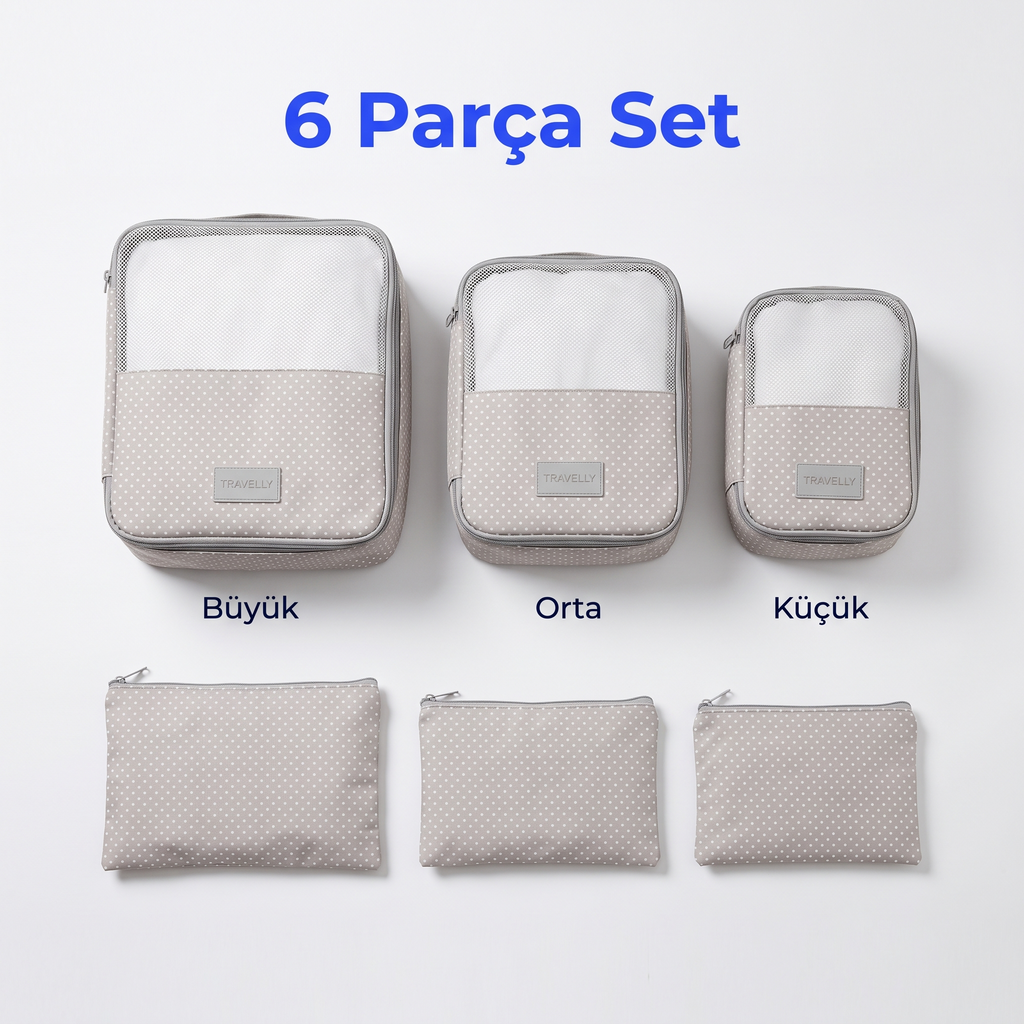 6 parça set: büyük, orta, küçük küp ve 3 poşet